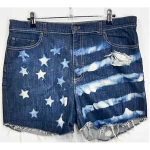Battery Park Denim Shorts Stars & Stripes Distressed‎ Raw Hem Size 14